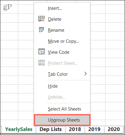 Разгруппировать листы в Excel