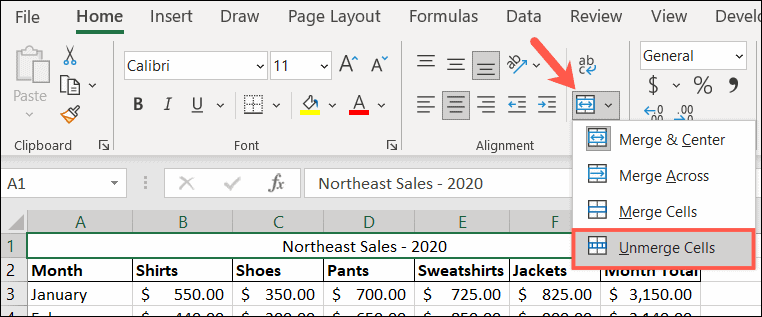 Разъединить ячейки в Excel