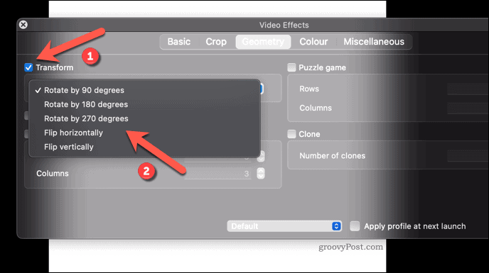 Применение эффекта поворота видео к VLC на Mac