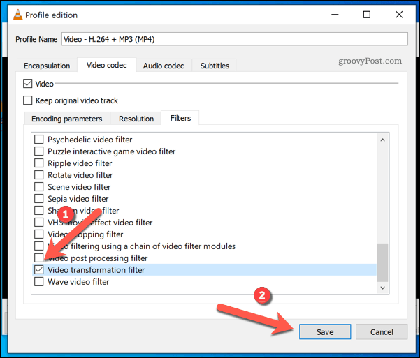 Добавление фильтра поворота к видео VLC в Windows