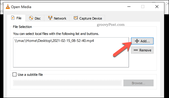 Добавление файла для конвертации в VLC в Windows