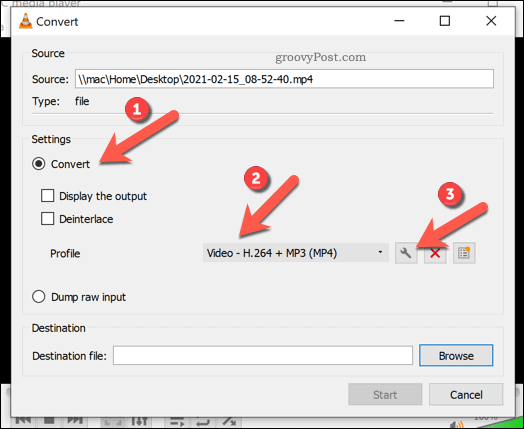 Настройка параметров преобразования в VLC в Windows