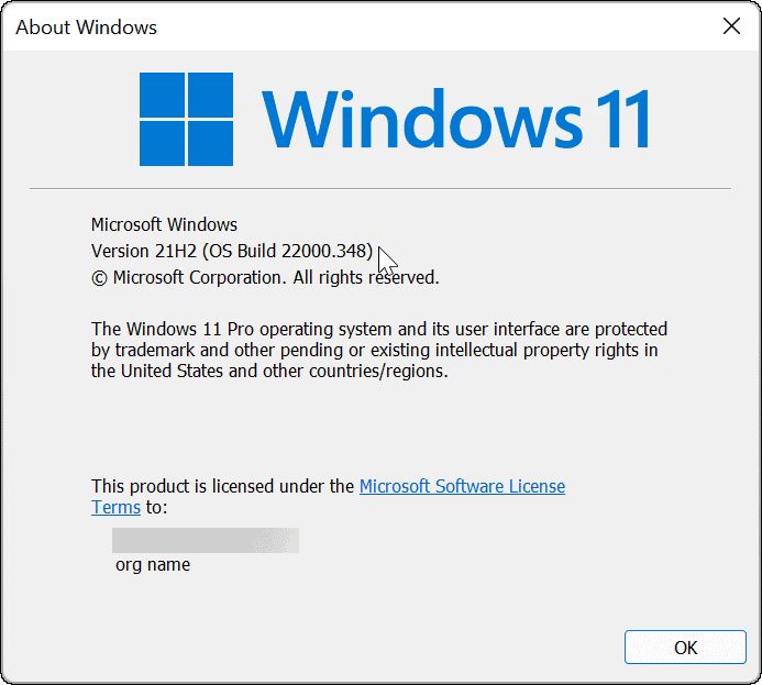 Версия и сборка Windows 11 с помощью команды winver
