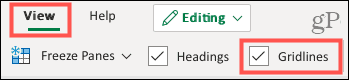 Проверьте линии сетки на вкладке «Вид» в Excel онлайн