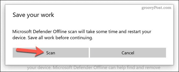 Подтвердите начало процесса сканирования загрузки Microsoft Defender.