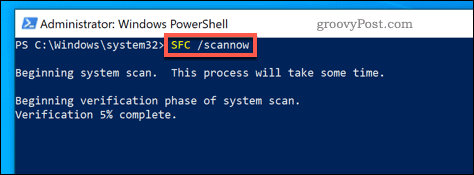 Запуск инструмента SFC в Windows.