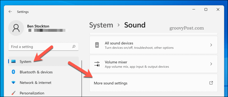 Открытие меню «Дополнительные параметры звука» в Windows 11