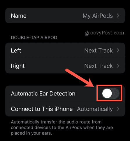 автоматическое обнаружение ушей в airpods отключено