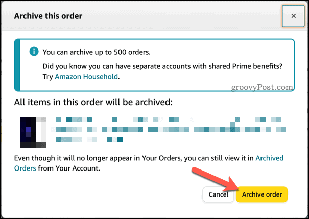 Подтверждение архивации заказа на Amazon