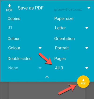 Параметры печати в Android для Google Таблиц