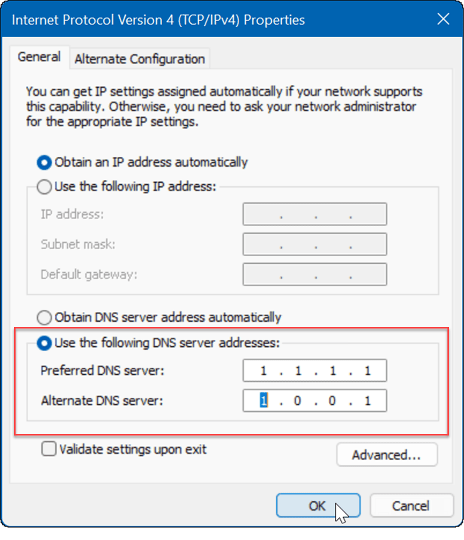 введите DNS исправить медленный интернет на windows 11