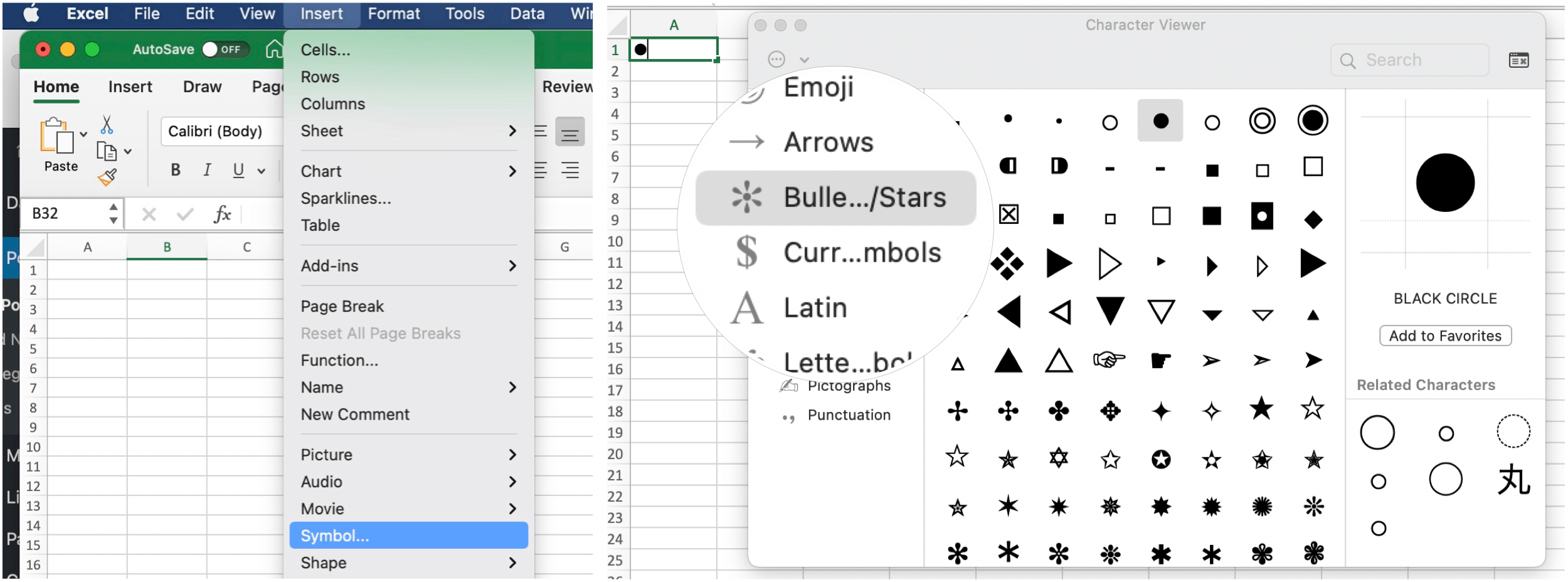 Вставка маркеров в Microsoft Excel на Mac