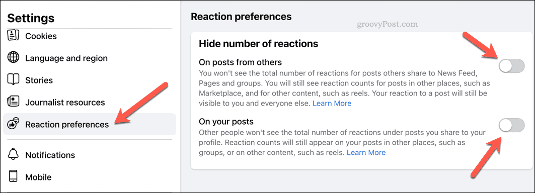 Изменить настройки реакции на Facebook