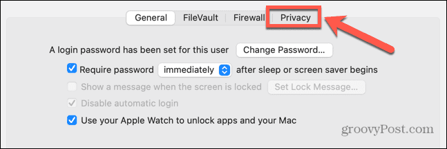 вкладка конфиденциальности Mac