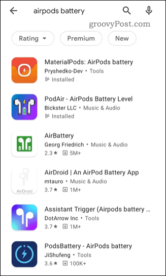 Список сторонних приложений статуса AirPods в магазине Google Play.