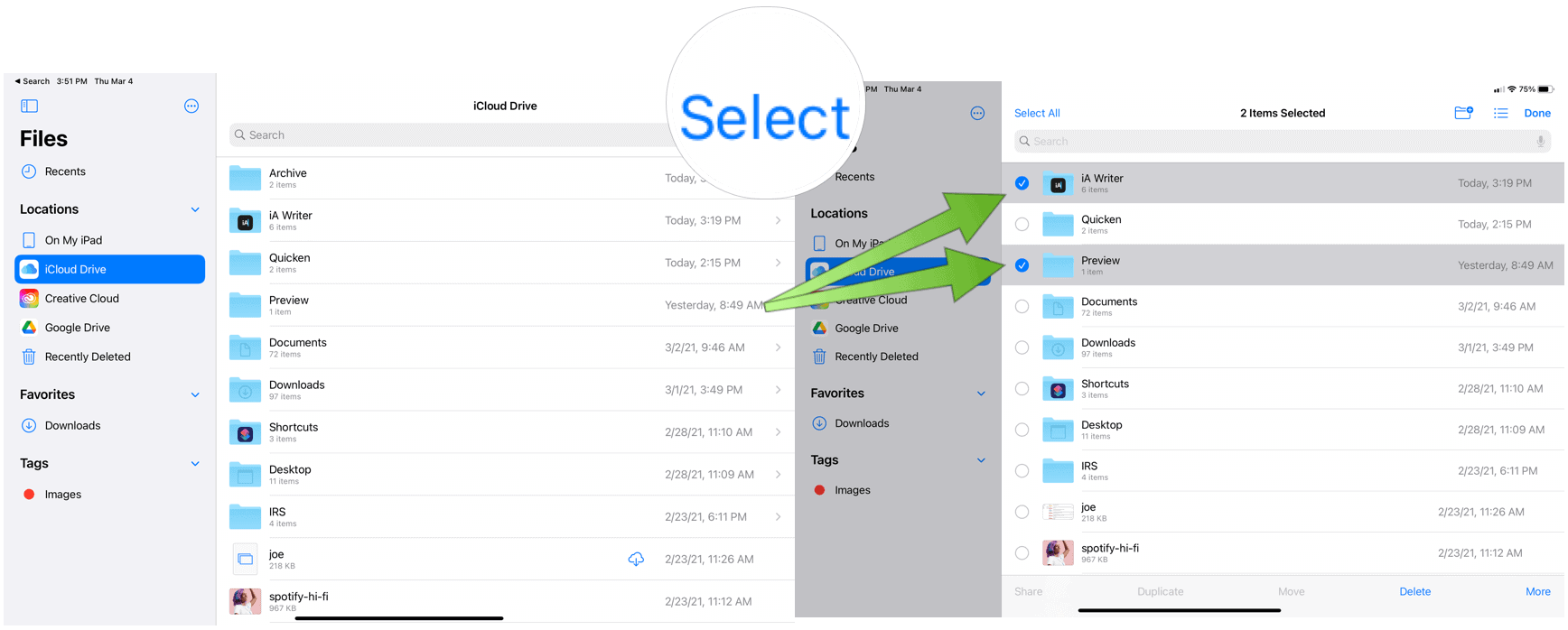 iPad выбирает файлы для сжатия