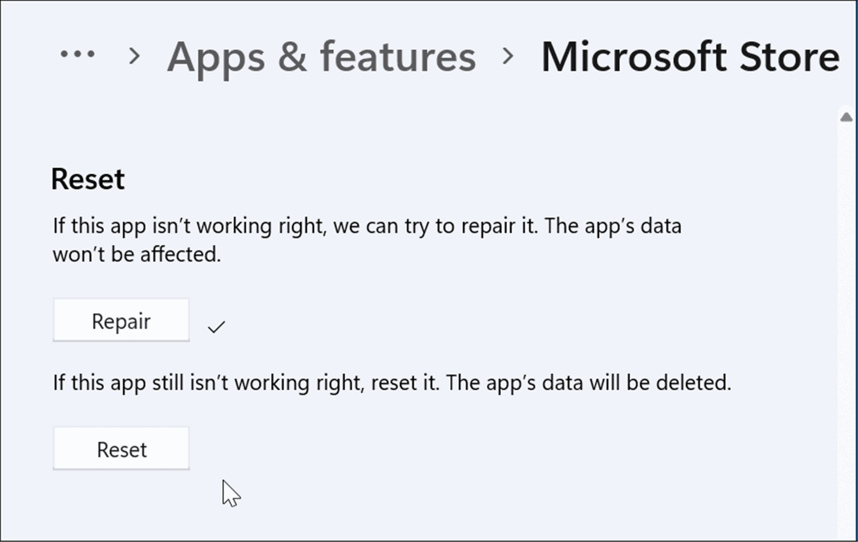 сбросить или восстановить приложение Microsoft Store, не работающее в Windows 11