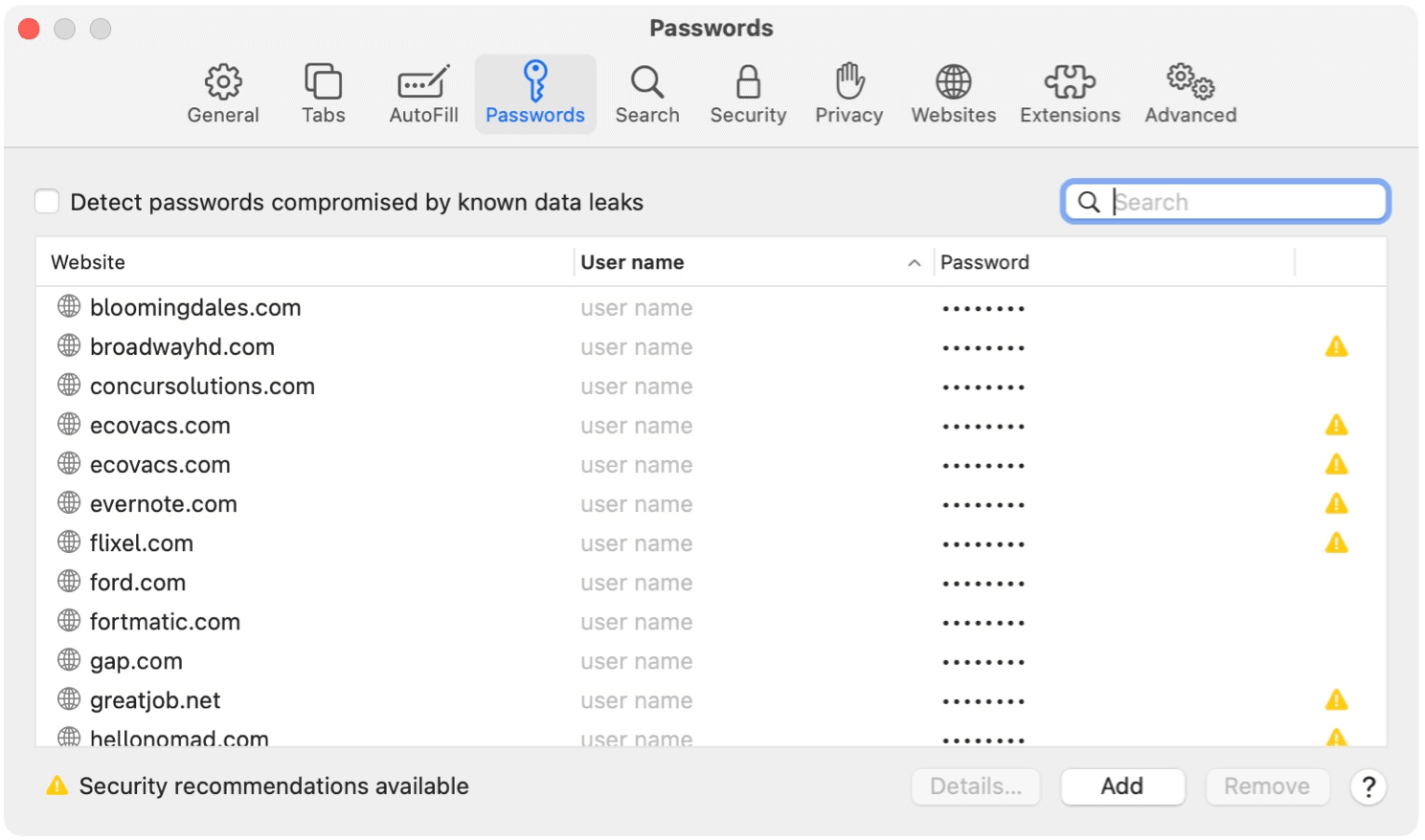 Примеры паролей Safari для Mac