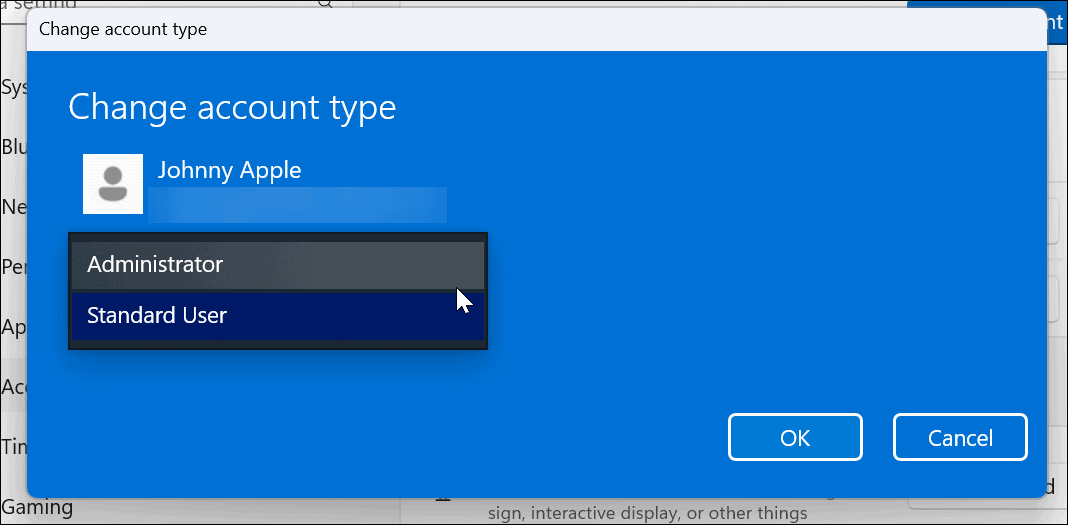 Изменить тип учетной записи в Windows 11