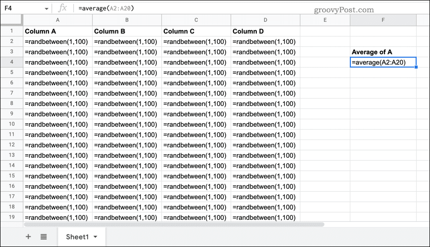 Электронная таблица Google Sheets с видимыми формулами
