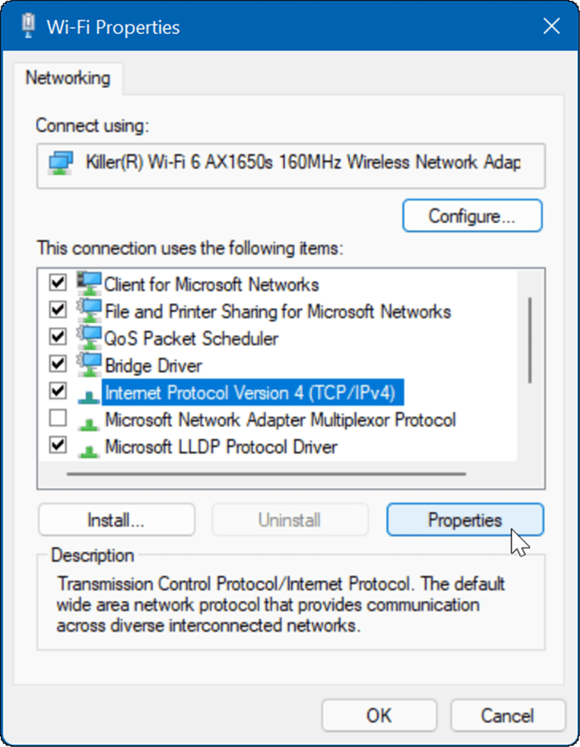 свойства Wi-Fi исправляют медленный интернет в Windows 11