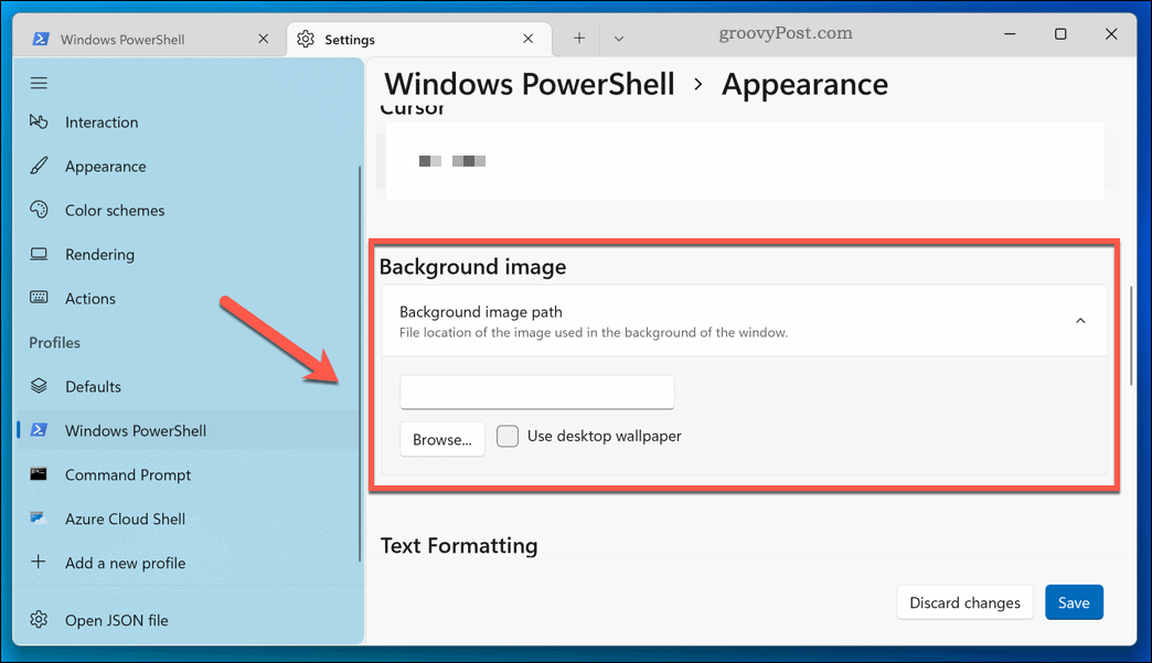 Применение нового фона к терминальному приложению Windows 11