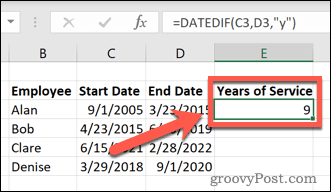 Excel датированныйесли годы службы
