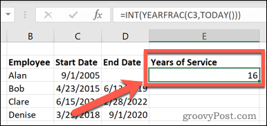 Excel лет службы на сегодняшний день