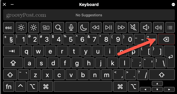 клавиша удаления Mac выделена на виртуальной клавиатуре